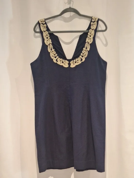 Lilly Pulitzer Navy Shift Dress with Gold Lace V-Neck Trim Size 16 - Picture 4 of 10